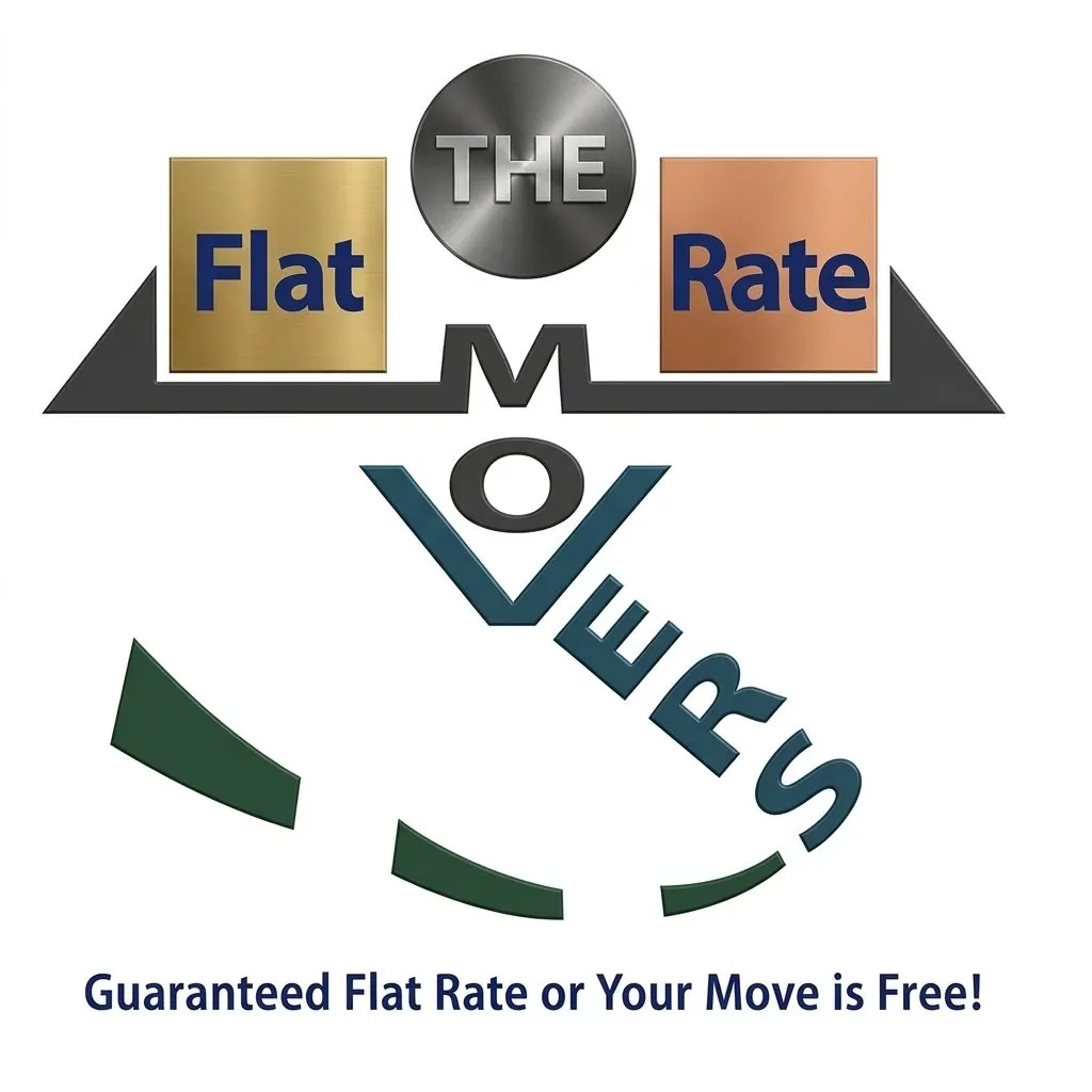 The Flat Rate Movers logo — THE in a black circle, Flat and Rate in colour blocks, Movers in script, with the tagline Guaranteed Flat Rate or Your Move is Free!